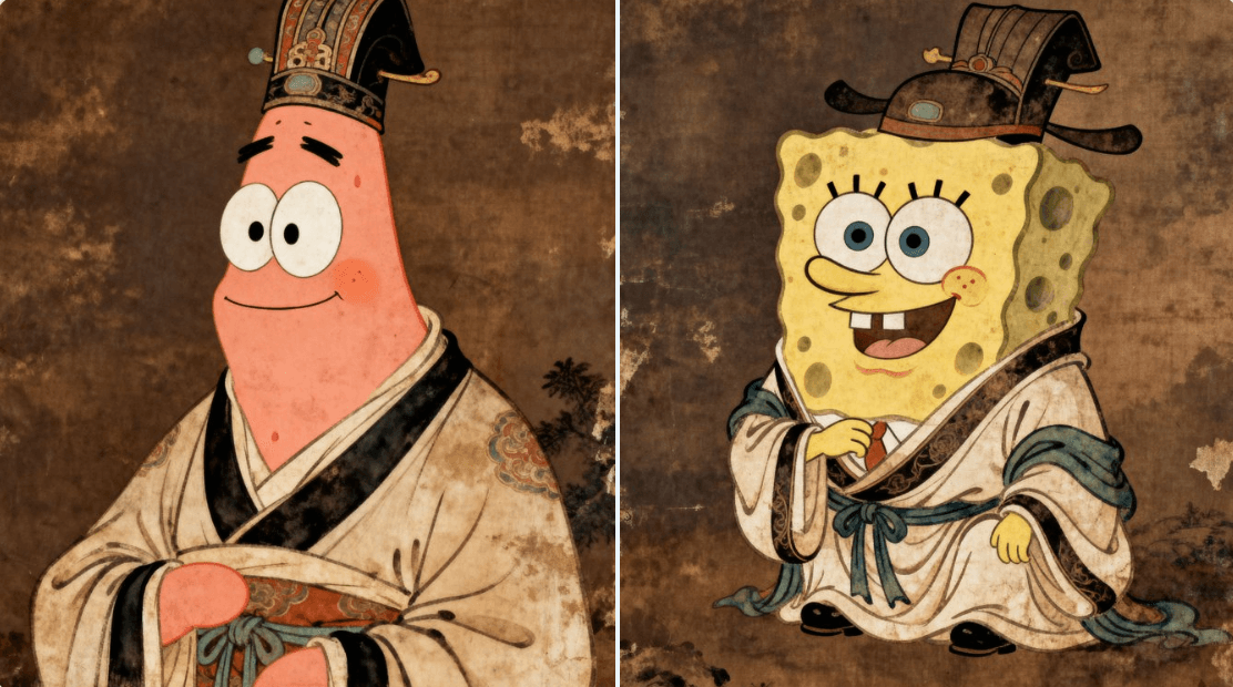 SpongeBob and Patrick Star dressed in ancient costumes