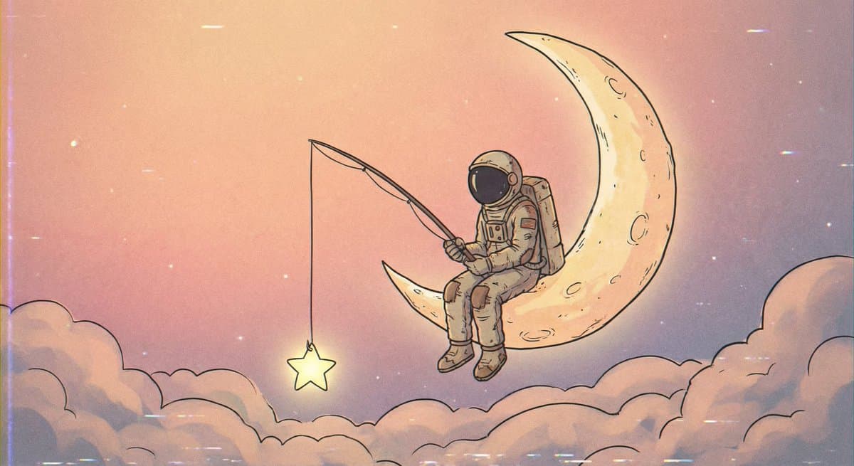 An astronaut sits on the crescent moon, fishing for stars.