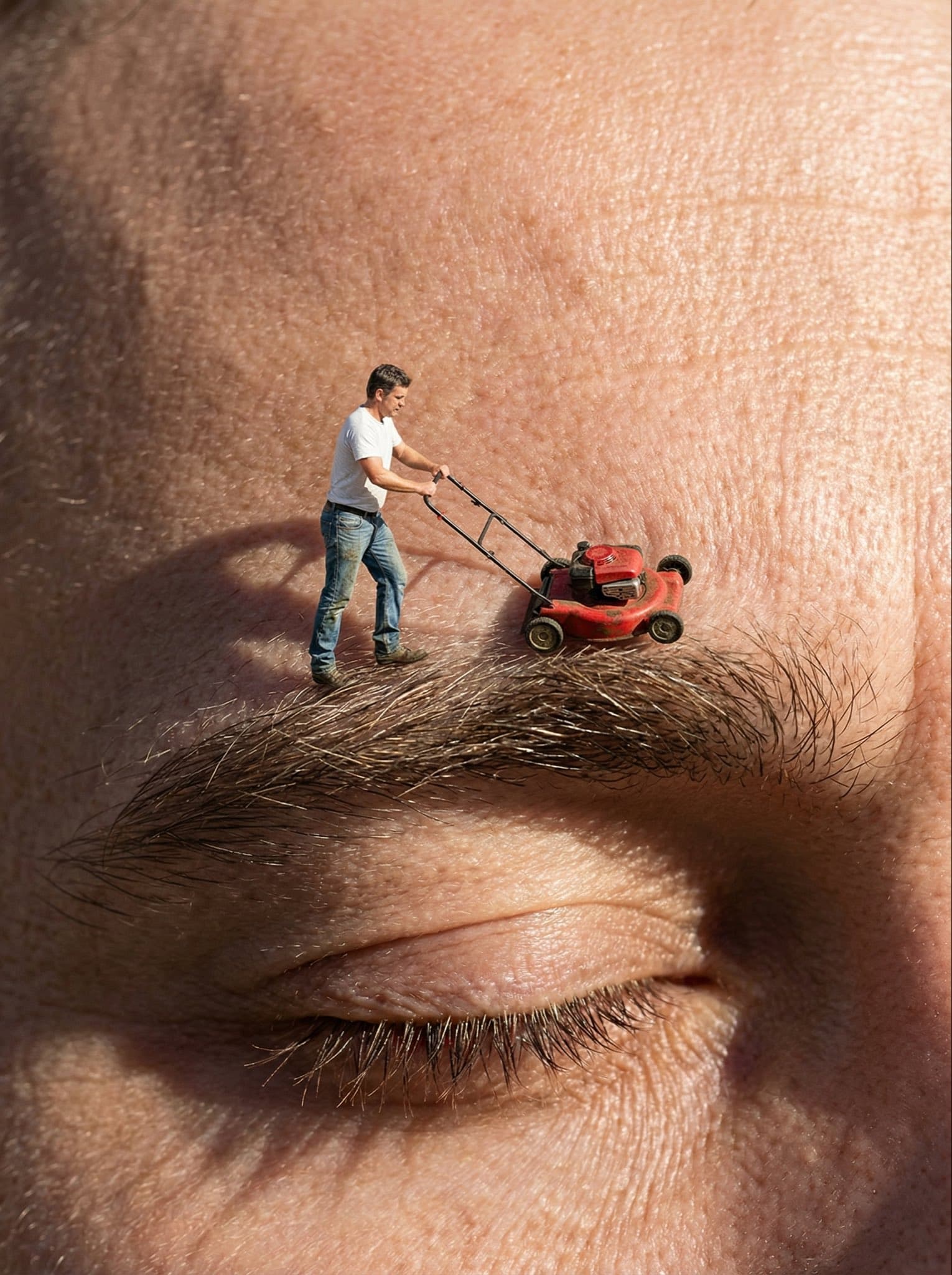 A miniature person shaping their eyebrows
