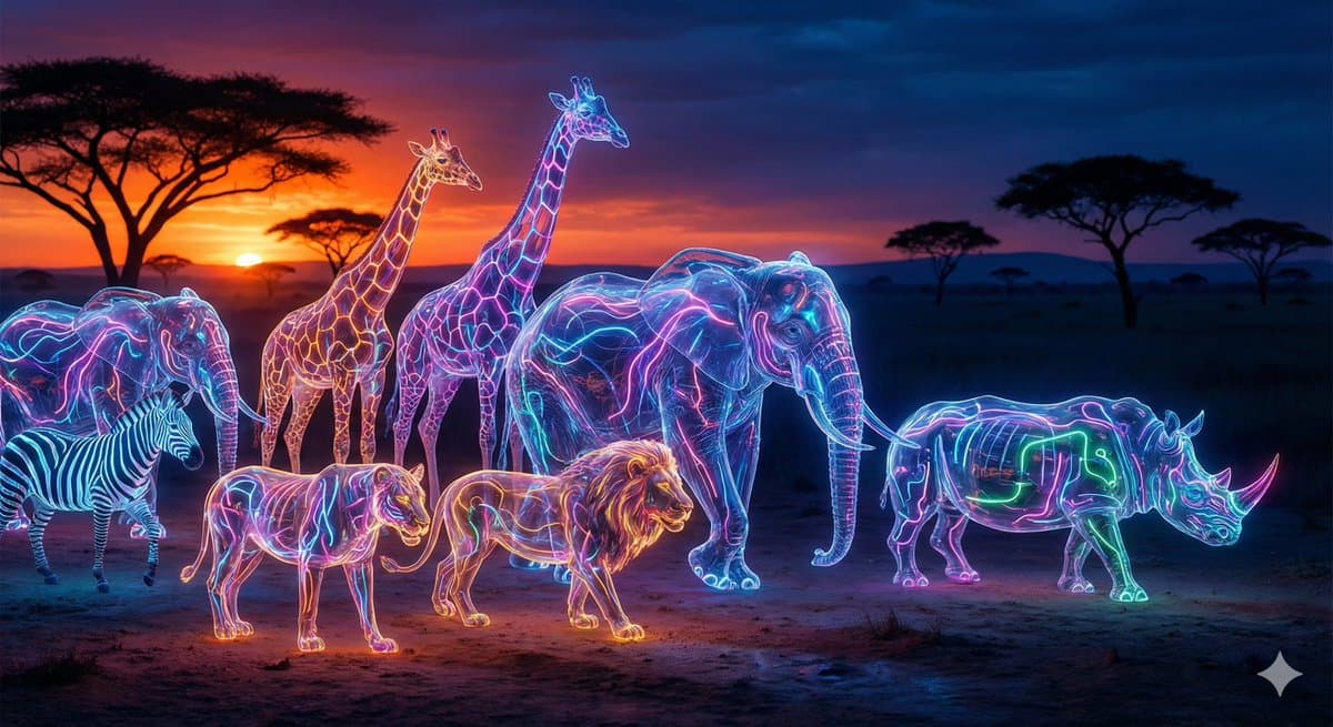 Animals and humans alike have transformed into neon glass creatures. Animals and humans alike have transformed into neon glass creatures.