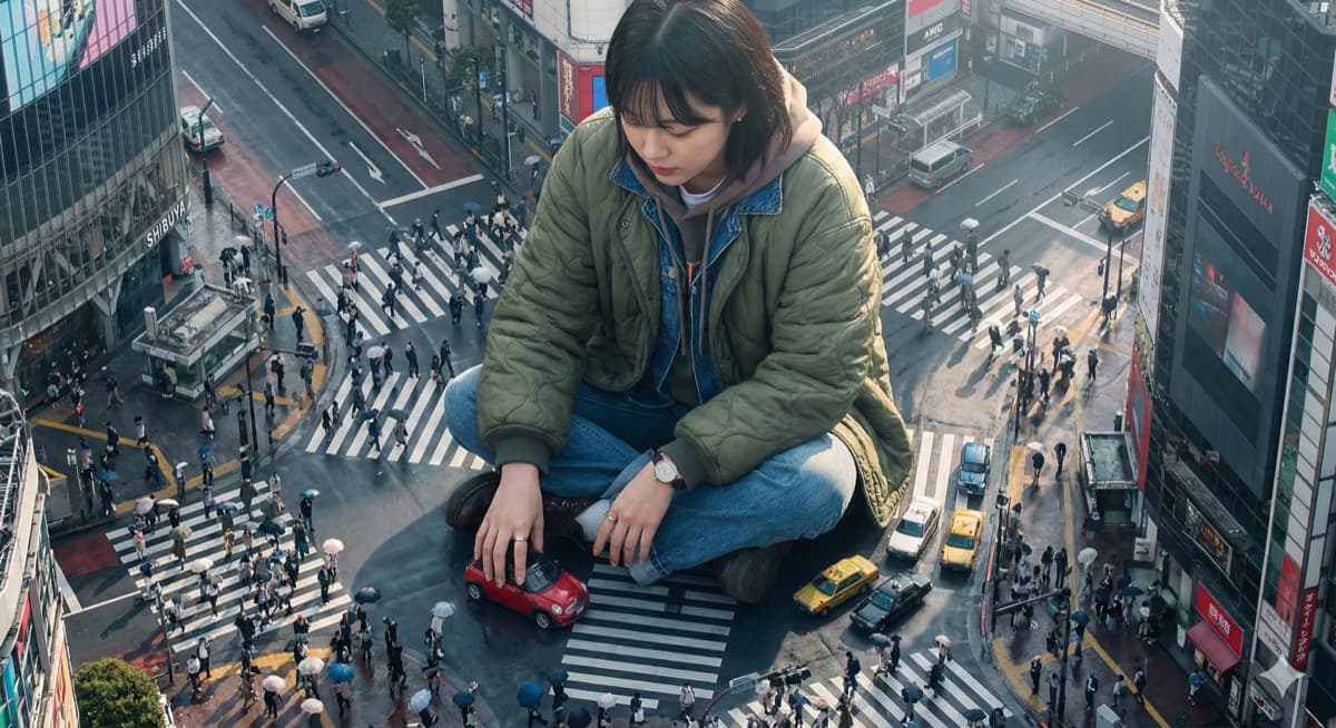 A giant Korean woman stands amidst the bustling city streets. A giant Korean woman stands amidst the bustling city streets.